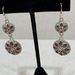 HW Burdick Sterling Silver Italy Blue Purple Enamel Diamond Cut Earrings